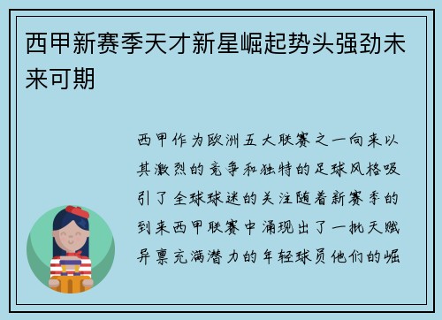 西甲新赛季天才新星崛起势头强劲未来可期